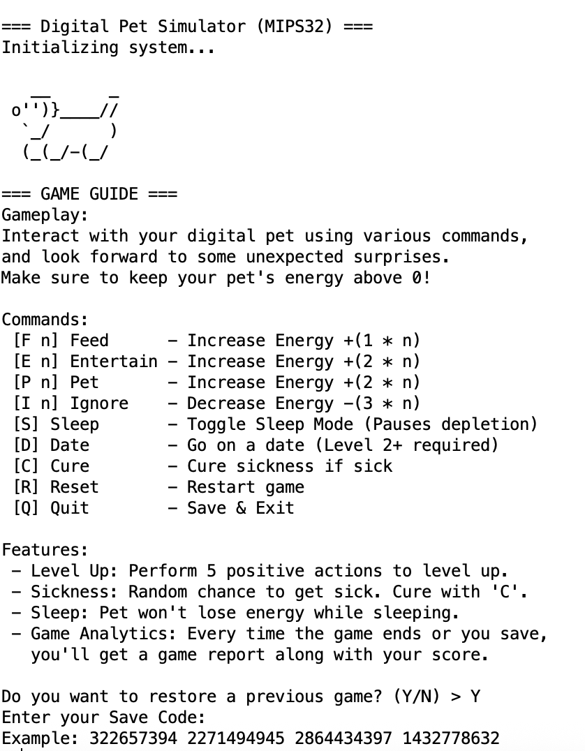MIPS32 Digital Pet Simulator